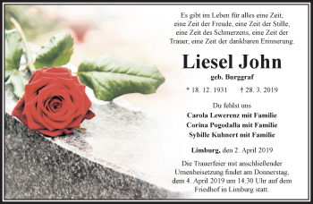 Traueranzeige von Liesel John von RMZ