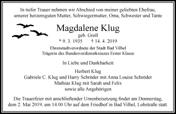 Traueranzeige von Magdalene Klug von RMZ