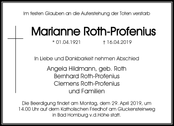 Traueranzeige von Marianne Roth-Profenius von RMZ