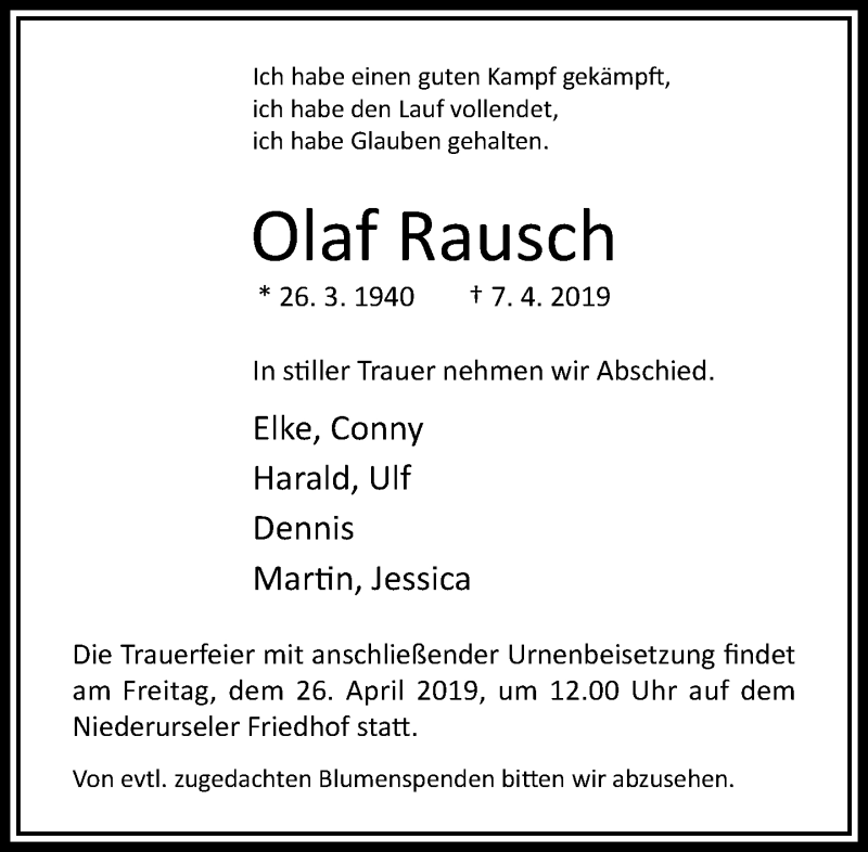  Traueranzeige für Olaf Rausch vom 17.04.2019 aus RMZ
