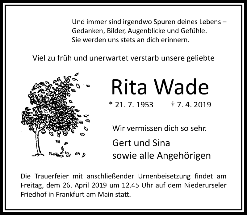  Traueranzeige für Rita Wade vom 13.04.2019 aus RMZ