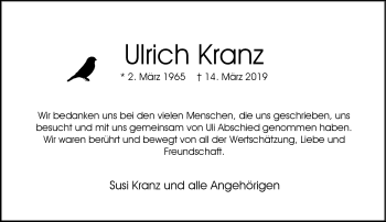 Traueranzeige von Ulrich Kranz von RMZ