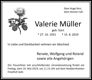 Traueranzeige von Valerie Müller von RMZ