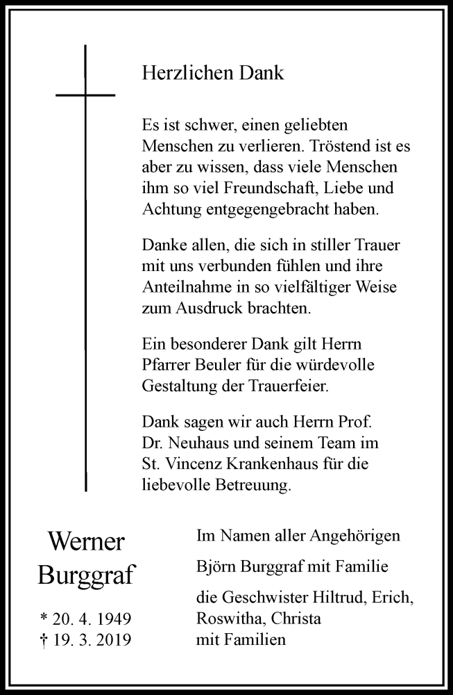  Traueranzeige für Werner Burggraf vom 06.04.2019 aus RMZ