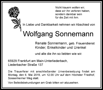 Traueranzeige von Wolfgang Sonnemann von RMZ