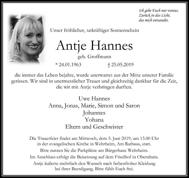  Traueranzeige für Antje Hannes vom 01.06.2019 aus RMZ