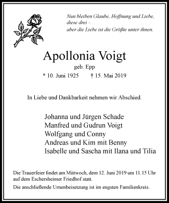 Traueranzeige von Apollonia Voigt von RMZ