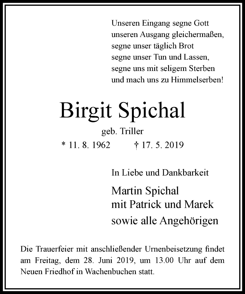  Traueranzeige für Birgit Spichal vom 25.05.2019 aus RMZ