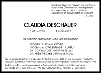 Traueranzeige von Claudia Deschauer von RMZ