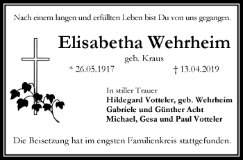 Traueranzeige von Elisabetha Wehrheim von RMZ