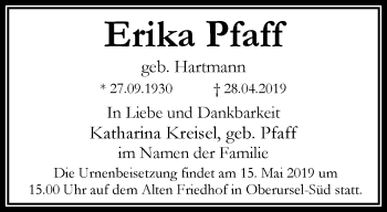 Traueranzeigen von Erika Pfaff | trauer-rheinmain.de