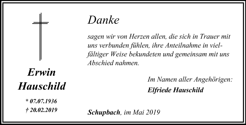  Traueranzeige für Erwin Hausschild vom 04.05.2019 aus RMZ