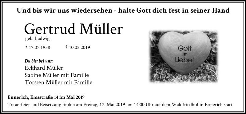  Traueranzeige für Gertrud Müller vom 13.05.2019 aus RMZ