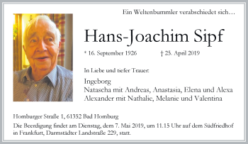 Traueranzeige von Hans-Joachim Sipf von RMZ