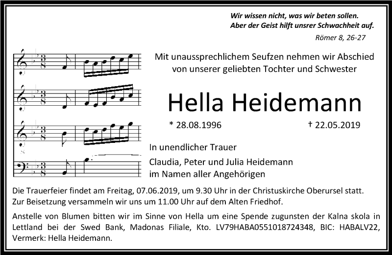  Traueranzeige für Hella Heidemann vom 01.06.2019 aus RMZ