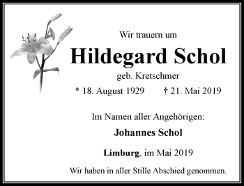 Traueranzeige von Hildegard Schol von RMZ