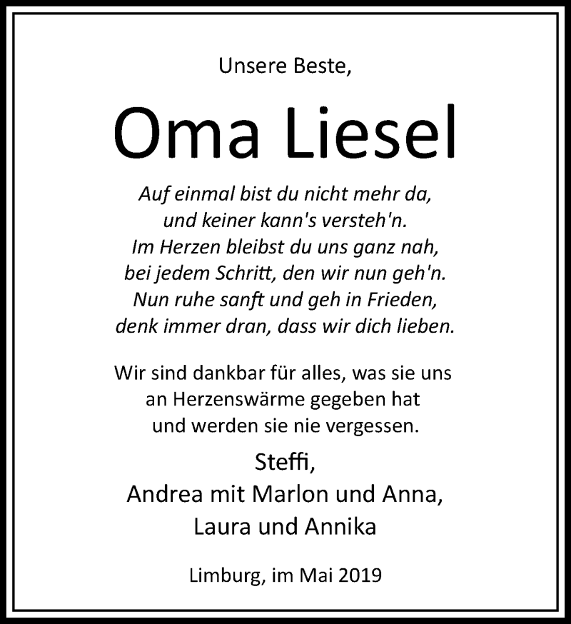  Traueranzeige für Liesel  vom 08.05.2019 aus RMZ