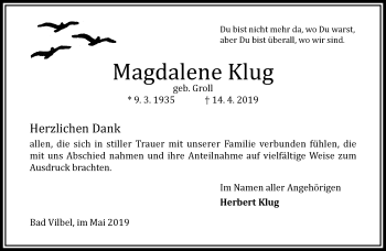 Traueranzeige von Magdalene Klug von RMZ