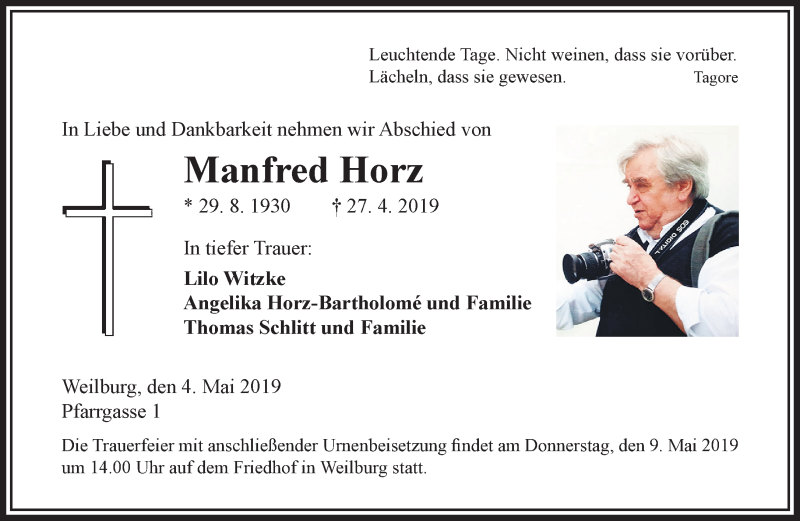  Traueranzeige für Manfred Horz vom 04.05.2019 aus RMZ