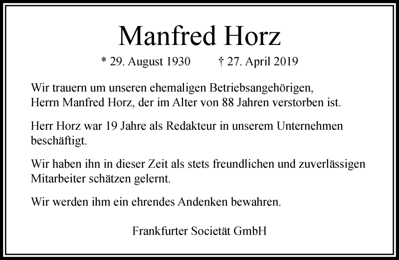  Traueranzeige für Manfred Horz vom 04.05.2019 aus RMZ