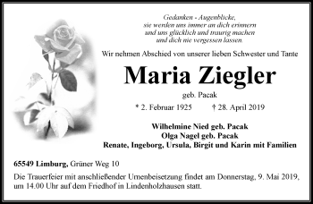 Traueranzeige von Maria Ziegler von RMZ