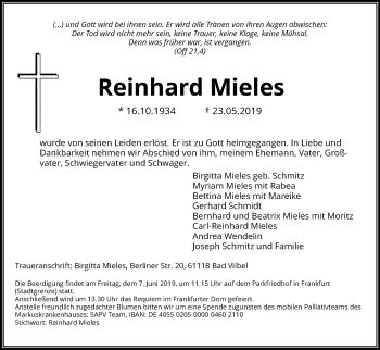 Traueranzeige von Reinhard Mieles von RMZ