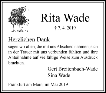 Traueranzeige von Rita Wade von RMZ