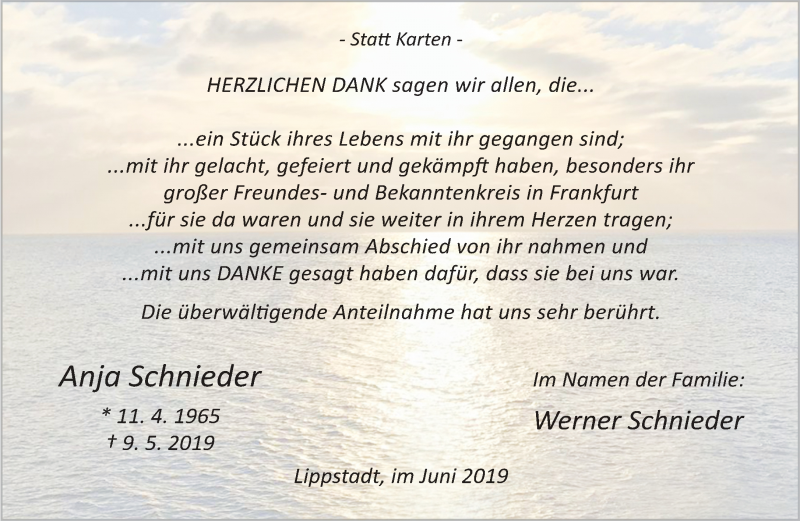  Traueranzeige für Anja Schnieder vom 15.06.2019 aus RMZ