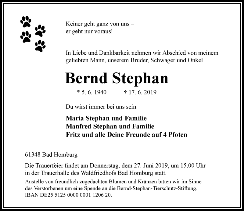  Traueranzeige für Bernd Stephan vom 22.06.2019 aus RMZ