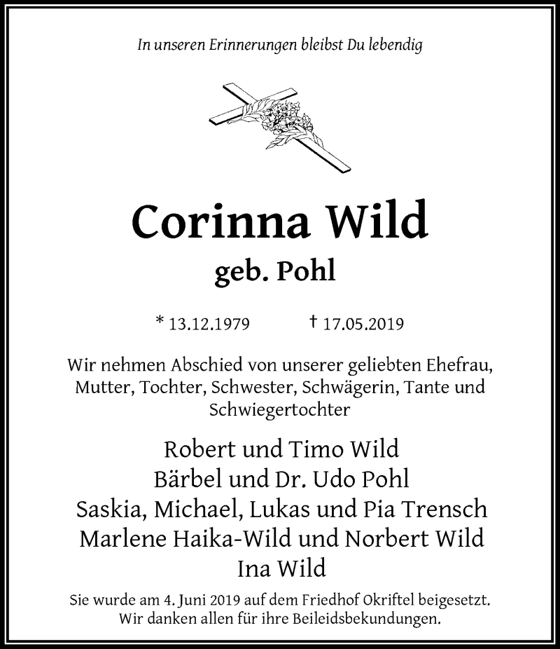  Traueranzeige für Corinna Wild vom 05.06.2019 aus RMZ