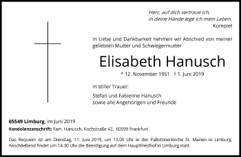 Traueranzeige von Elisabeth Hanusch von RMZ