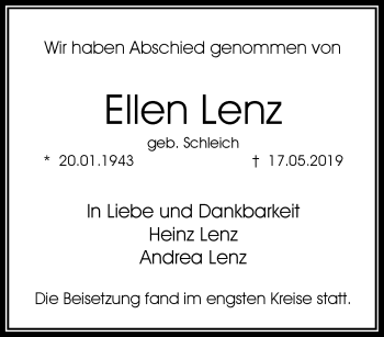 Traueranzeige von Ellen Lenz von RMZ