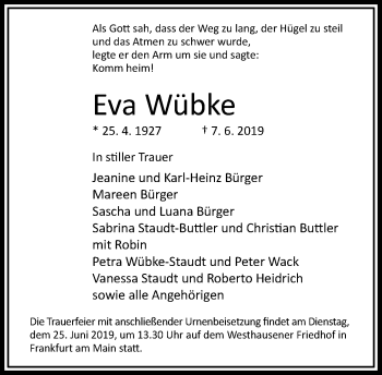 Traueranzeige von Eva Wübke von RMZ