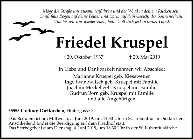  Traueranzeige für Friedel Kruspel vom 01.06.2019 aus RMZ