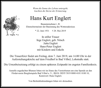 Traueranzeige von Hans Kurt Englert von RMZ