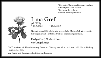 Traueranzeige von Irma Gref von RMZ
