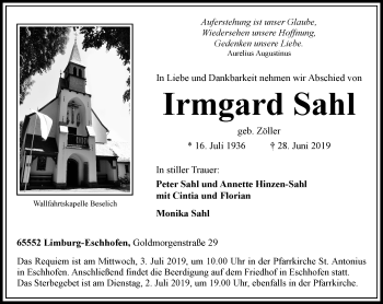 Traueranzeige von Irmgard Sahl von RMZ