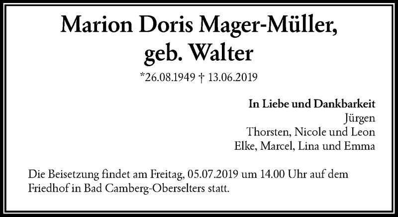  Traueranzeige für Marion Doris Mager-Müller vom 27.06.2019 aus RMZ