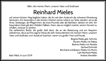 Traueranzeige von Reinhard Mieles von RMZ