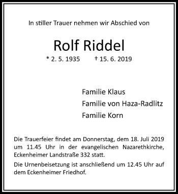 Traueranzeige von Rolf Riddel von RMZ
