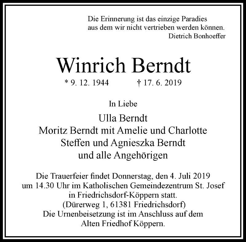  Traueranzeige für Winrich Berndt vom 22.06.2019 aus RMZ