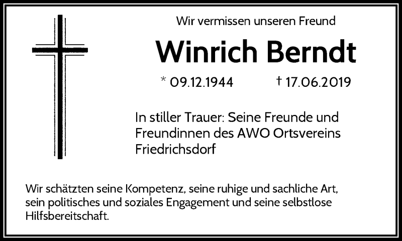  Traueranzeige für Winrich Berndt vom 29.06.2019 aus RMZ