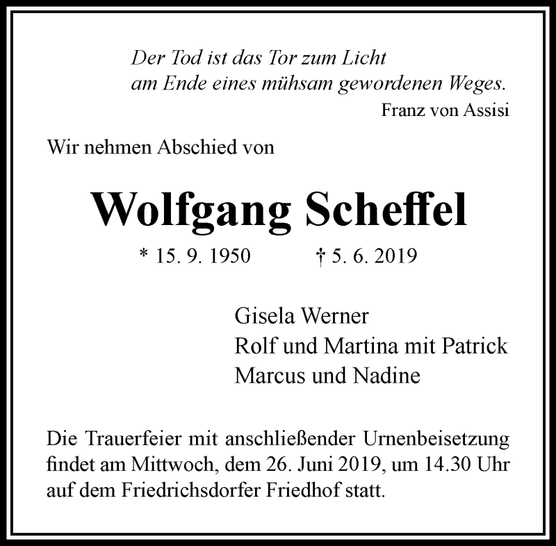 Traueranzeige für Wolfgang Scheffel vom 19.06.2019 aus RMZ