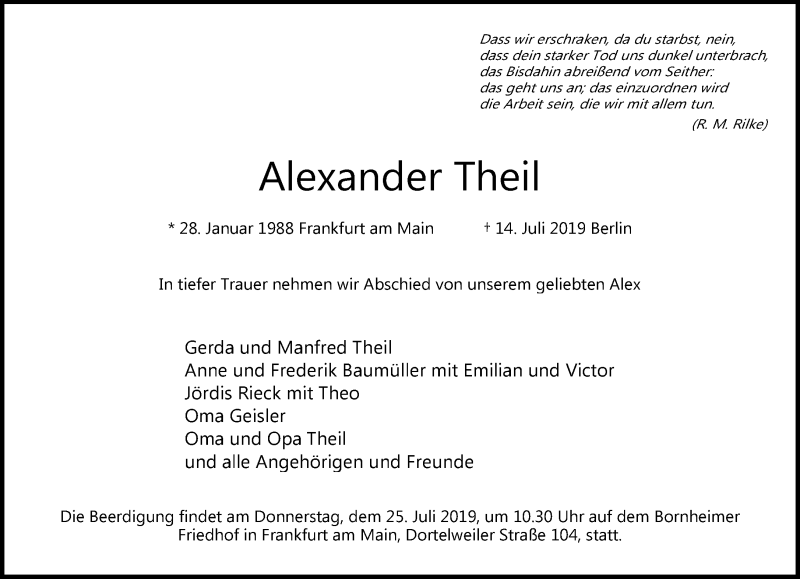  Traueranzeige für Alexander Theil vom 23.07.2019 aus RMZ