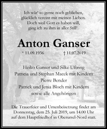 Traueranzeige von Anton Ganser von RMZ