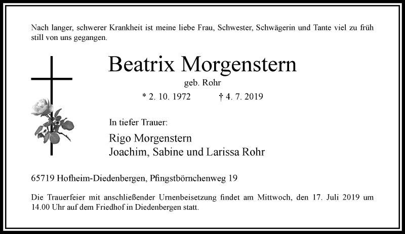  Traueranzeige für Beatrix Morgenstern vom 12.07.2019 aus RMZ