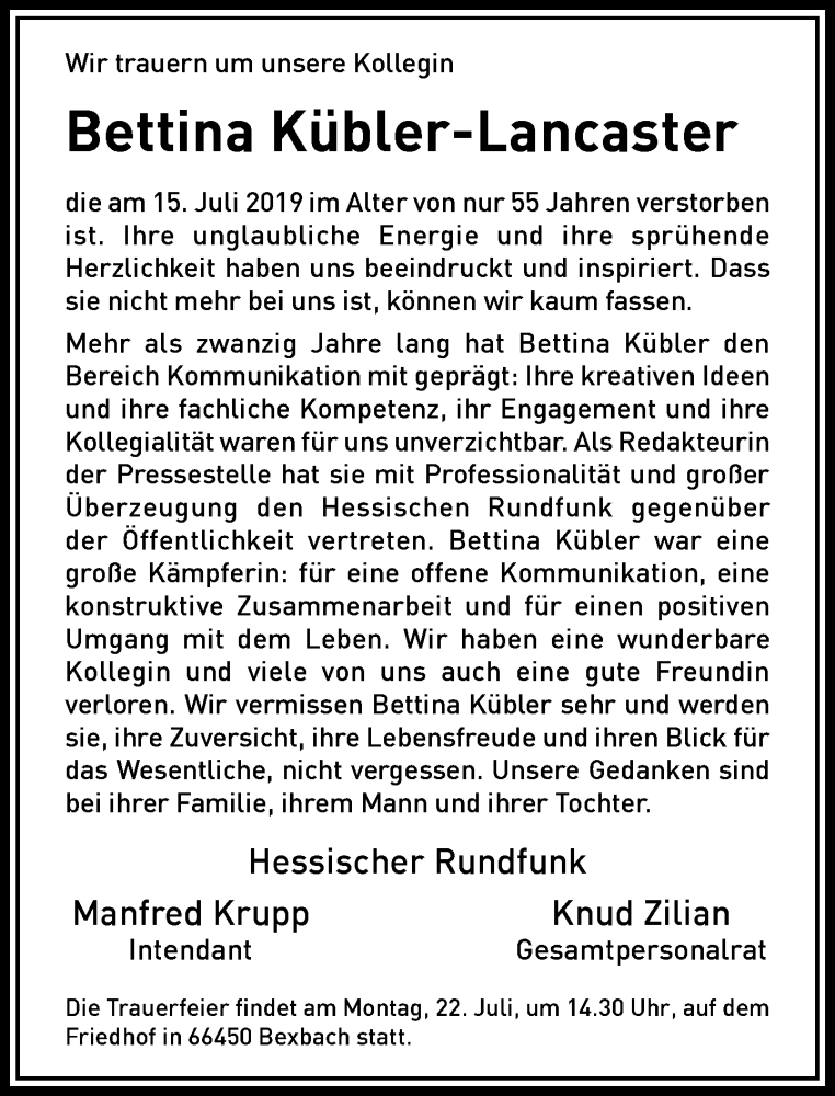  Traueranzeige für Bettina Kübler-Lancaster vom 20.07.2019 aus RMZ