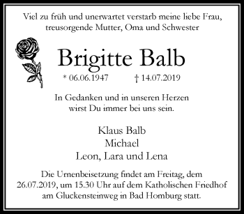 Traueranzeige von Brigitte Balb von RMZ