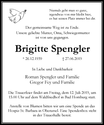 Traueranzeige von Brigitte Spengler von RMZ