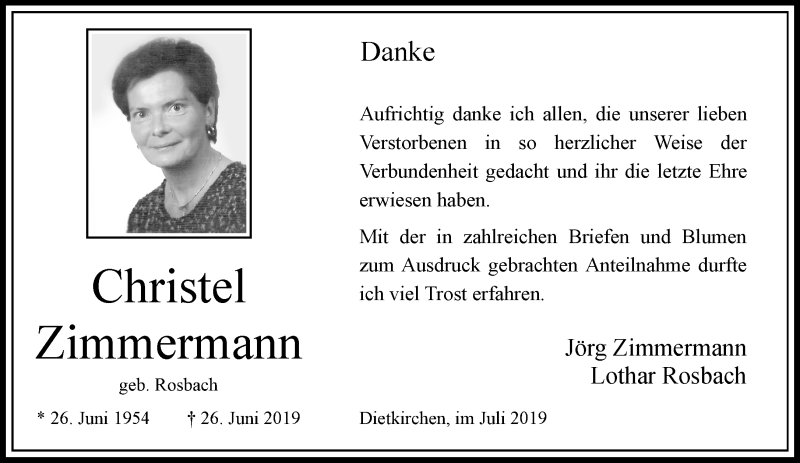  Traueranzeige für Christel Zimmermann vom 20.07.2019 aus RMZ